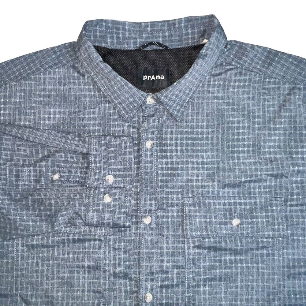 Prana Mens Blue Check Polyester‎ Long Sleeve Vented Button Up Shirt XXL
